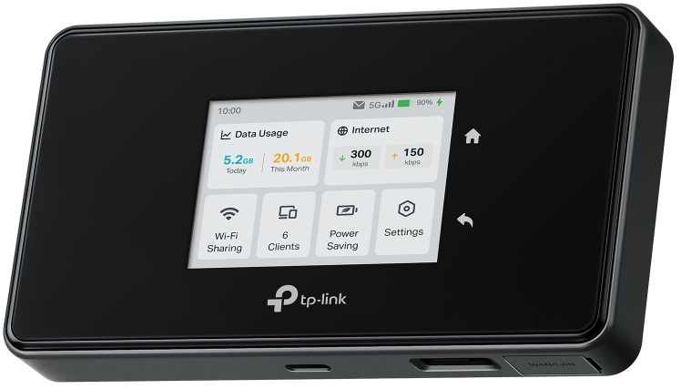 Routeur mobile TP-Link noir affichant l'utilisation des données, la vitesse Internet et les paramètres sur son écran. Il possède un bouton d'alimentation et le Wi-Fi.