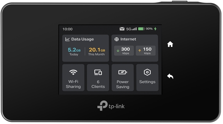 Un routeur Wi-Fi mobile TP-Link noir avec un écran affichant l'utilisation des données, la vitesse Internet et diverses options de paramètres.
