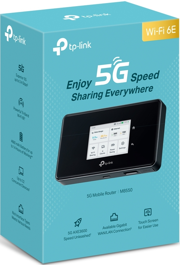 Une boîte turquoise affiche un routeur mobile TP-Link 5G noir, Wi-Fi 6E et vitesse 5G. Texte : 'Enjoy 5G Speed Sharing Everywhere'.
