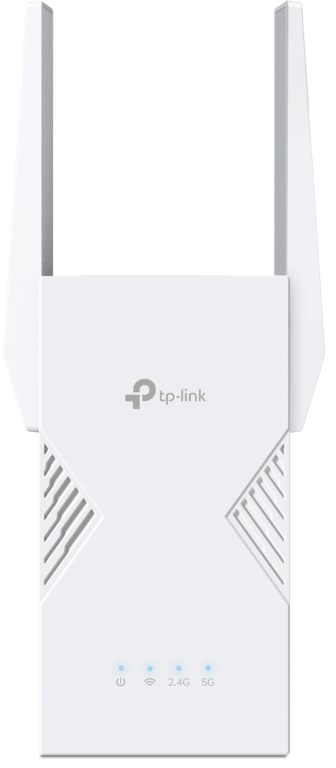 Répéteur Wi-Fi TP-Link blanc avec deux antennes. Comprend des indicateurs d'alimentation, Wi-Fi, 2.4G et 5G.
