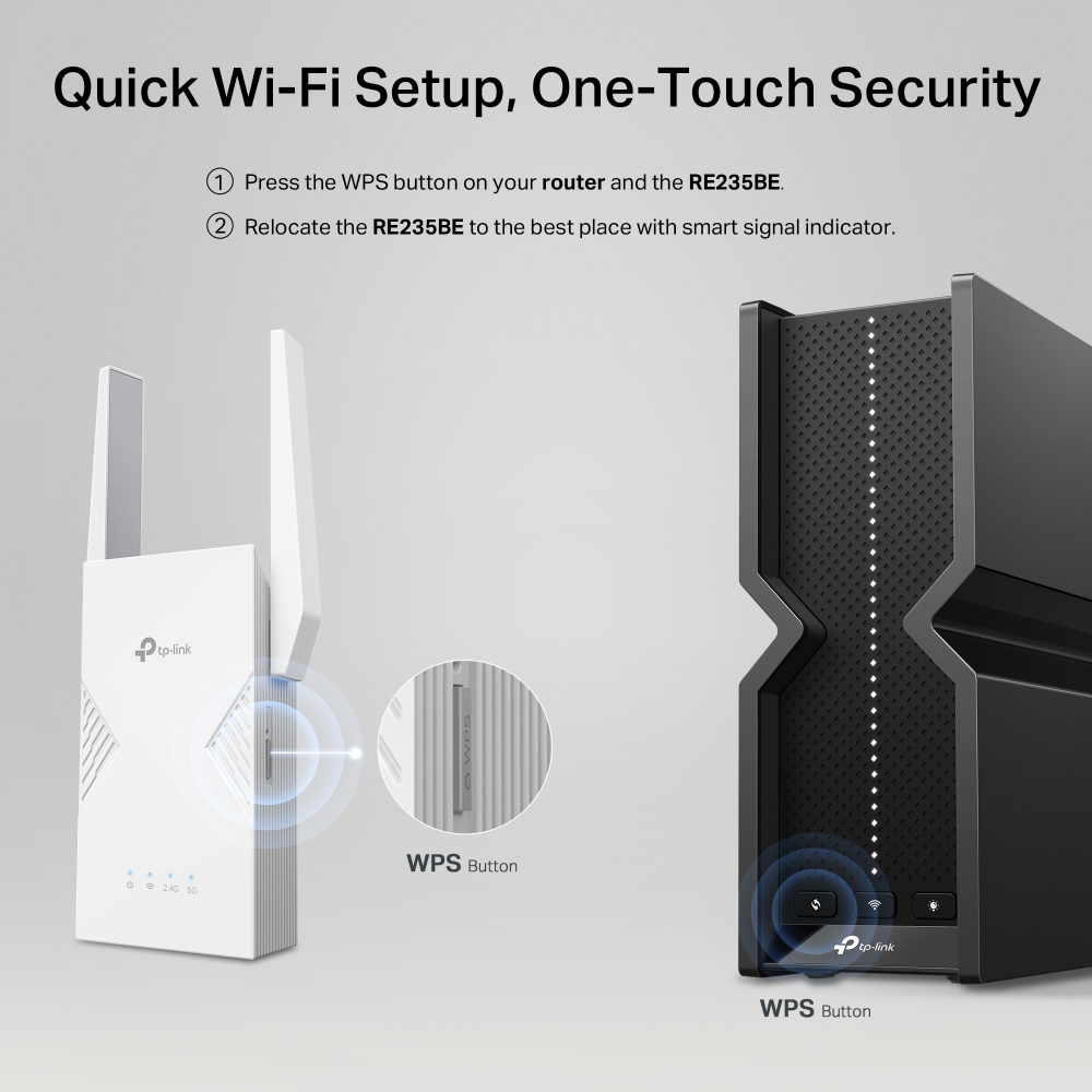 Image montrant un extenseur Wi-Fi blanc à gauche et un routeur noir à droite avec des invites de bouton WPS pour la configuration.