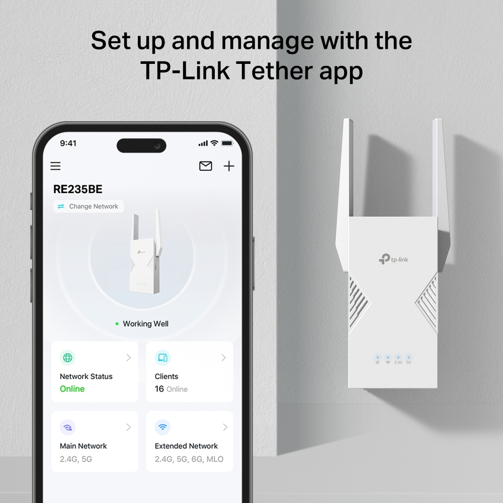 Un téléphone affiche l'application TP-Link Tether, montrant un extenseur de réseau. Le texte indique : « Configurer et gérer avec l'application TP-Link Tether ».