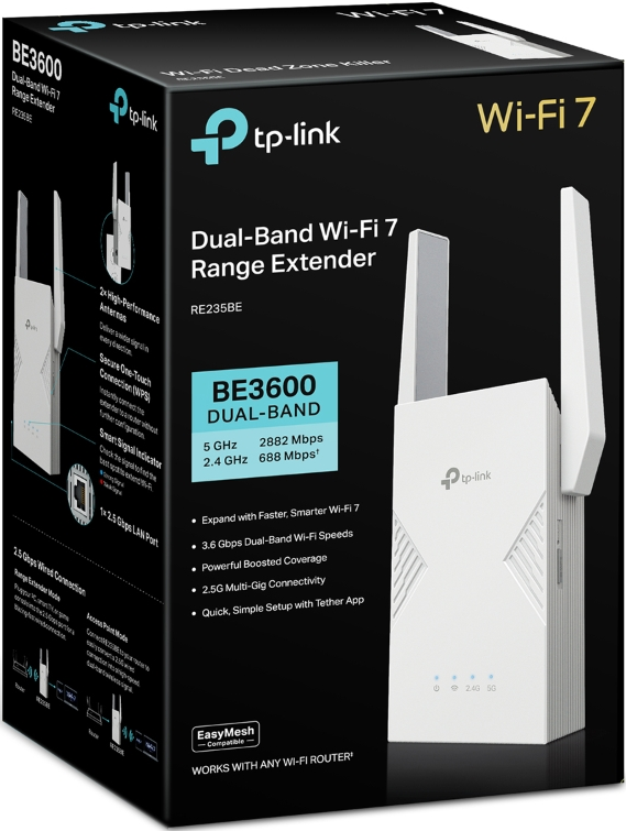 Une boîte blanche de l'extendeur de portée Wi-Fi 7 TP-Link. Elle montre le produit, ses caractéristiques et un gros plan de l'extendeur.