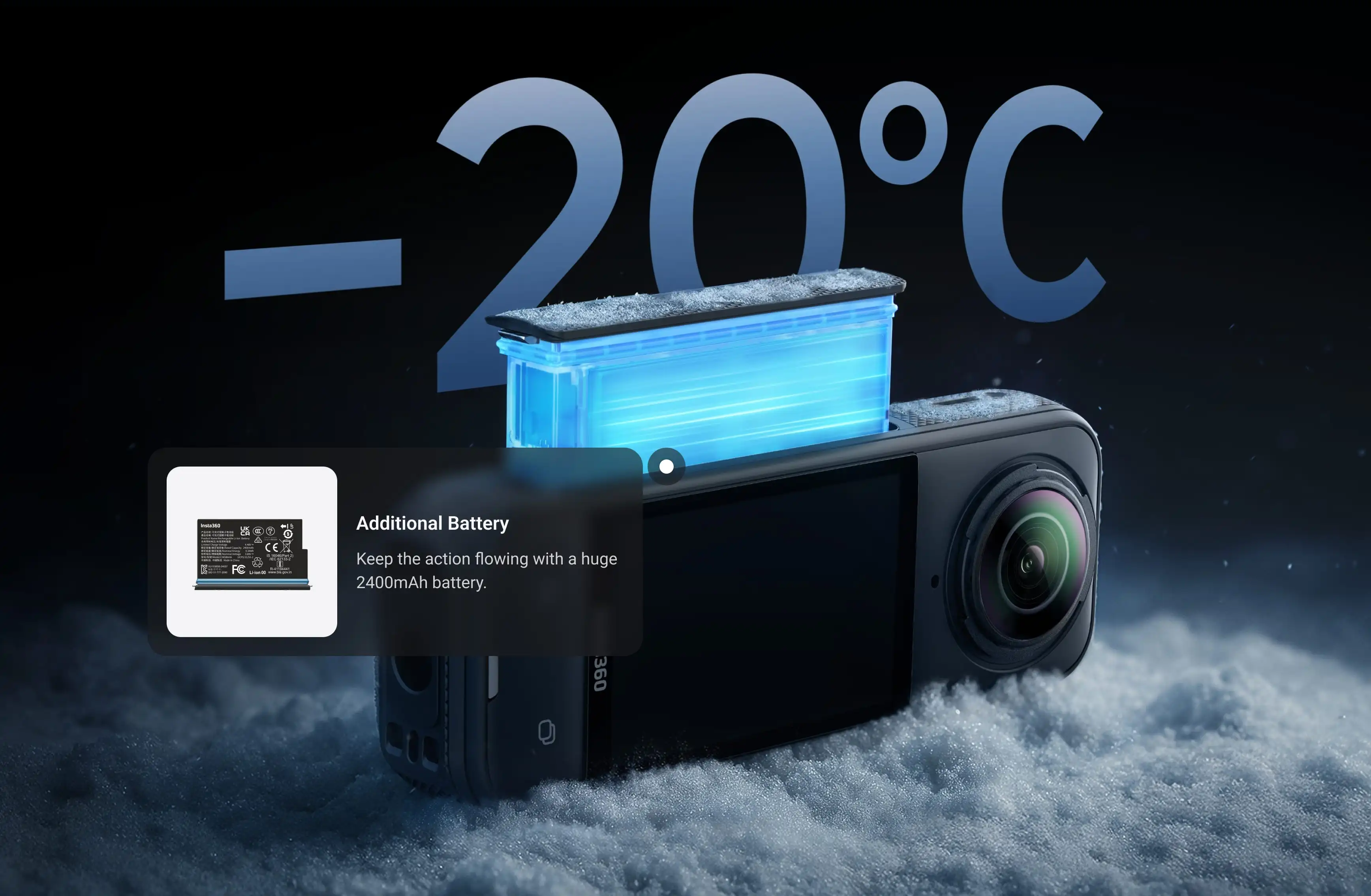 Eine 360-Grad-Kamera im Schnee, mit einem Batteriebild und Text über ihren großen 2400-mAh-Akku bei -20°C.