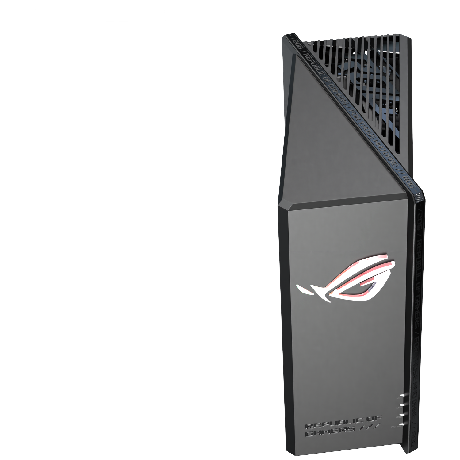 A gray ROG gaming PC. It features a distinctive design with the ROG logo, vents, and text along the sides.
