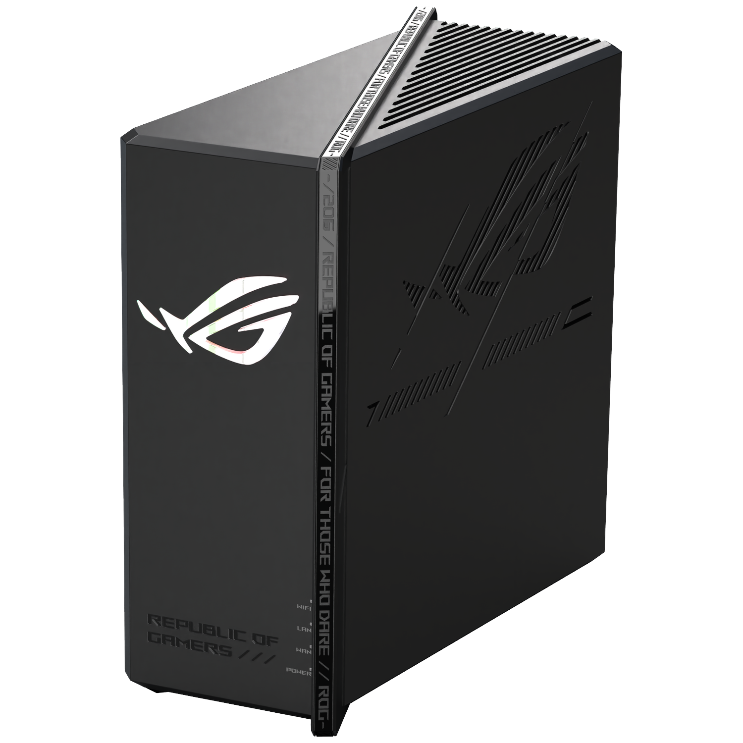 A black ROG computer case. It has the ROG logo and text on the front. The top has vents. The side has a design and text.