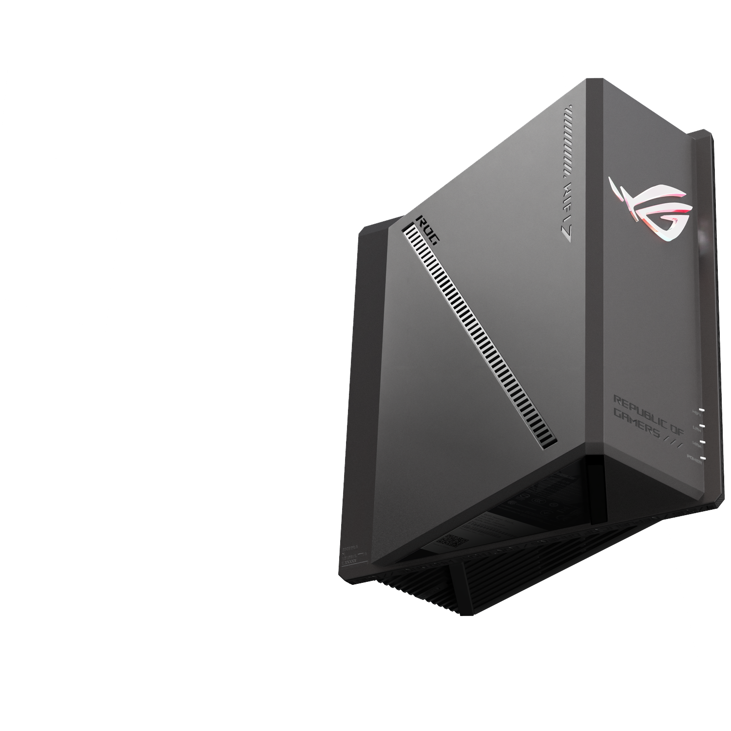 A dark gray desktop computer case with the ROG logo. The case has vents and a slanted design, with white background.