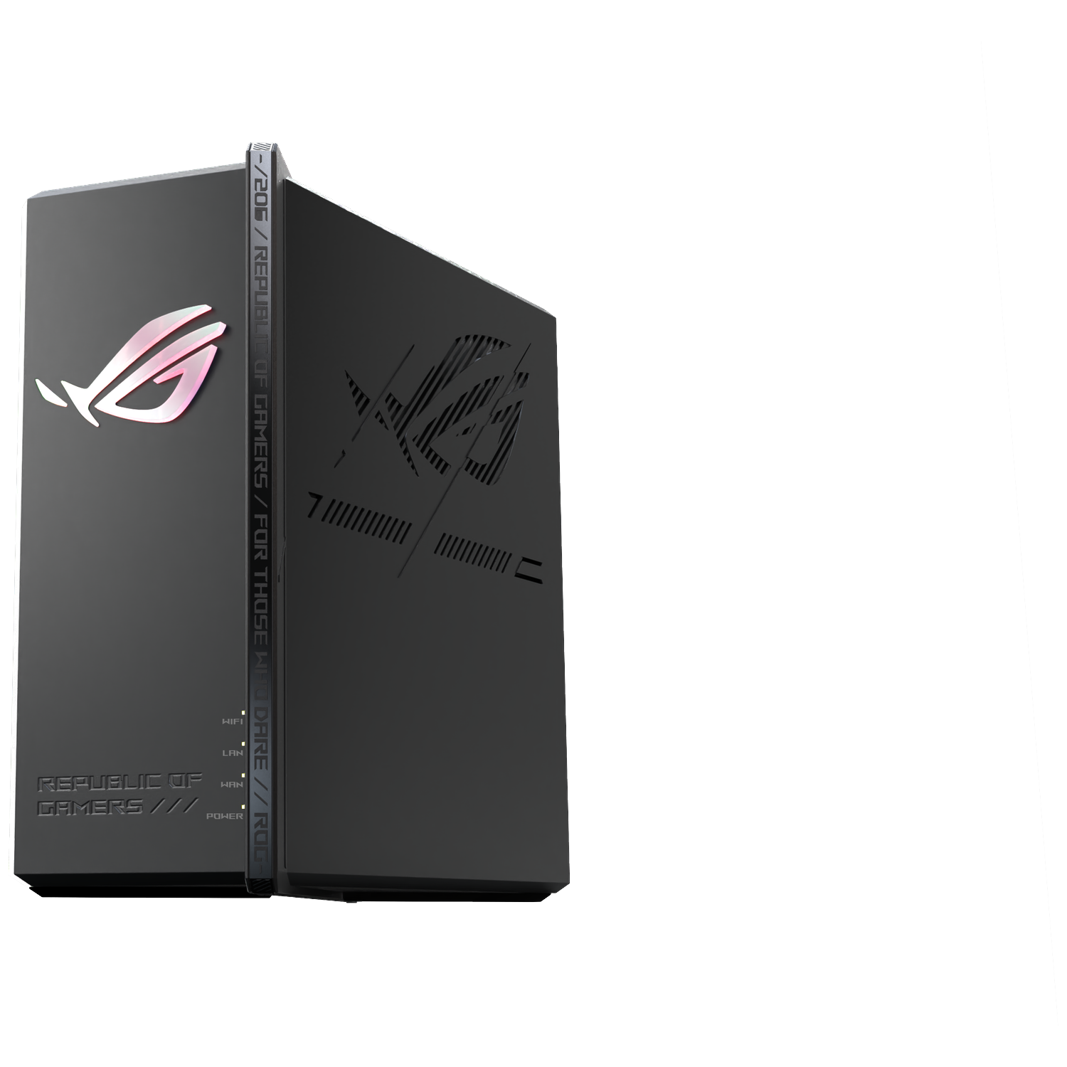 A dark gray ROG gaming device, with a pink-lit logo and text on the side. The text says "REPUBLIC OF GAMERS".
