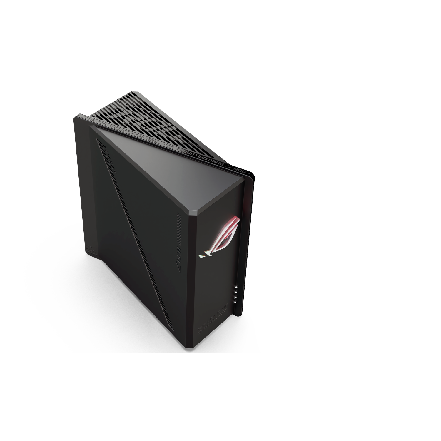 A black ROG gaming PC case on a white surface. It has the ROG logo and text on the front. The top has ventilation.