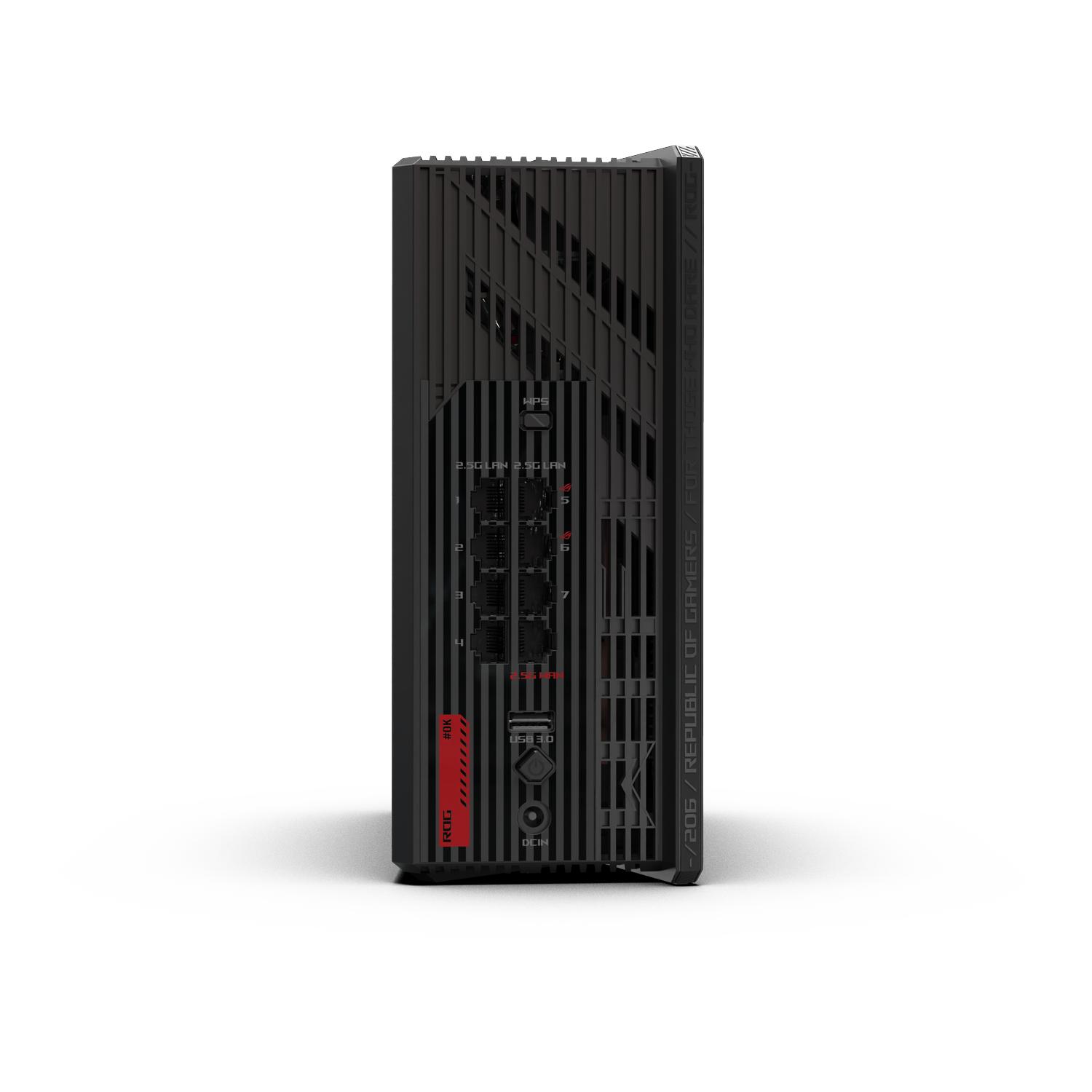 Black ROG gaming PC. It has several ports and labels like 2.5G LAN, USB 3.0, and WPS. Red and white stripes indicate the ROG brand.