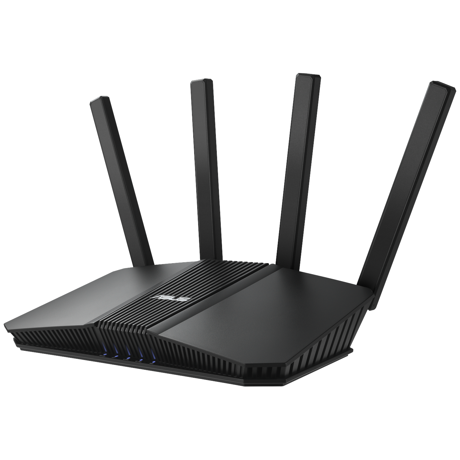 Routeur noir avec quatre antennes. L'appareil a un dessus et une face avant rainurés avec des voyants bleus.