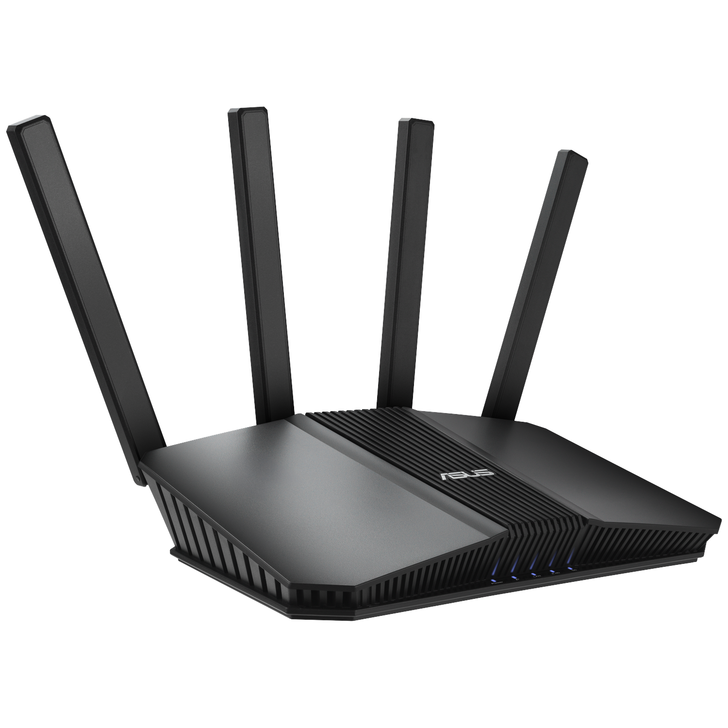 Routeur ASUS noir avec quatre antennes. Design élégant, fentes et logo ASUS.