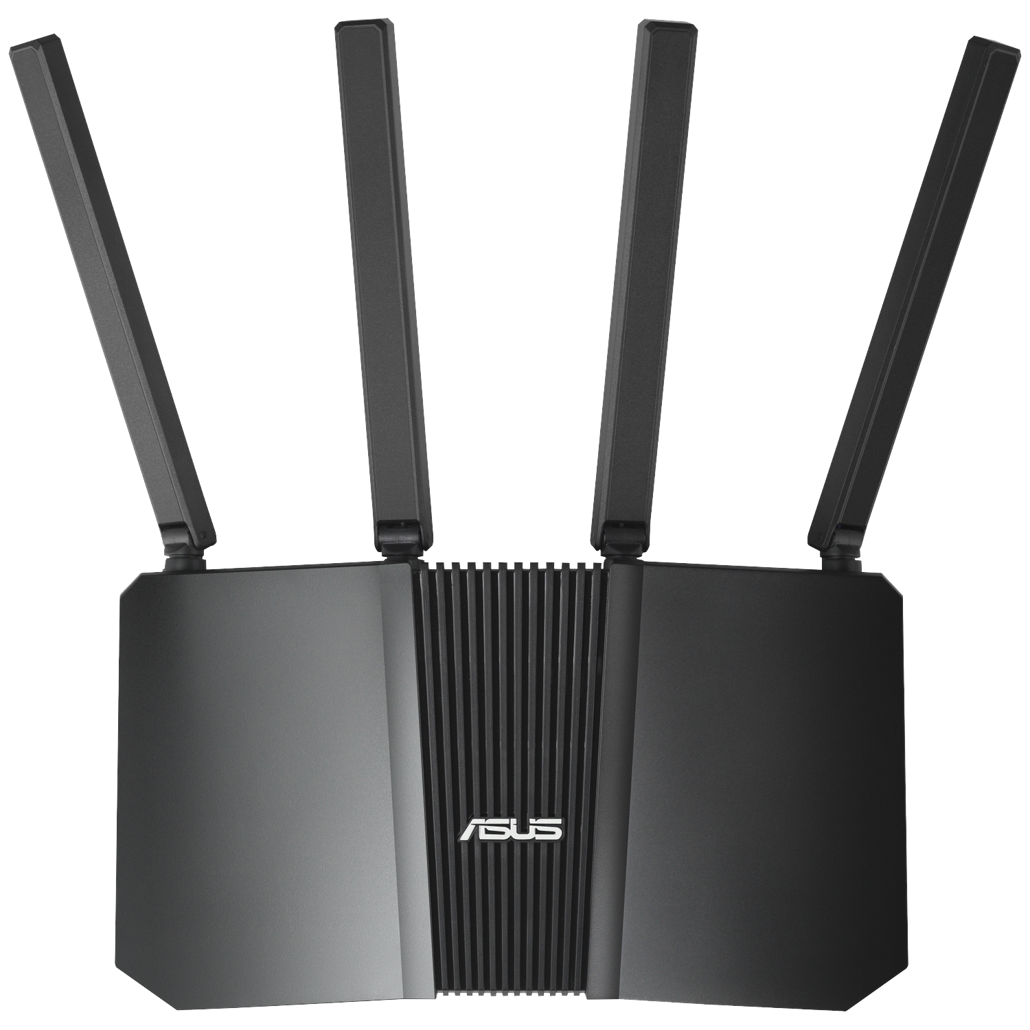 Routeur ASUS noir avec quatre antennes. Le routeur a une face avant texturée avec le logo ASUS. Les antennes sont verticales et rectangulaires.