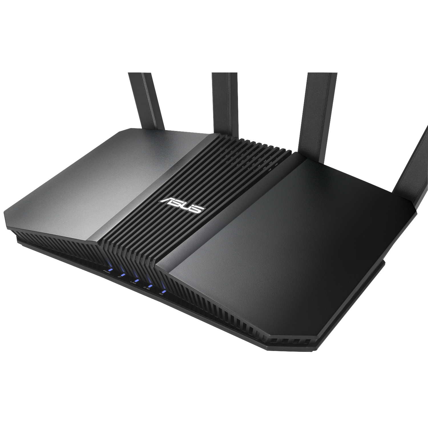 Un routeur ASUS noir avec quatre antennes. Il possède des voyants bleus et le logo ASUS sur le dessus.