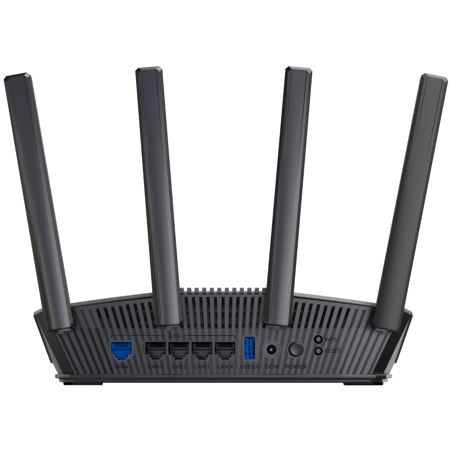 Un routeur noir avec quatre antennes. Il possède plusieurs ports étiquetés WAN, LAN, USB et des boutons d'alimentation. Le fond est blanc.