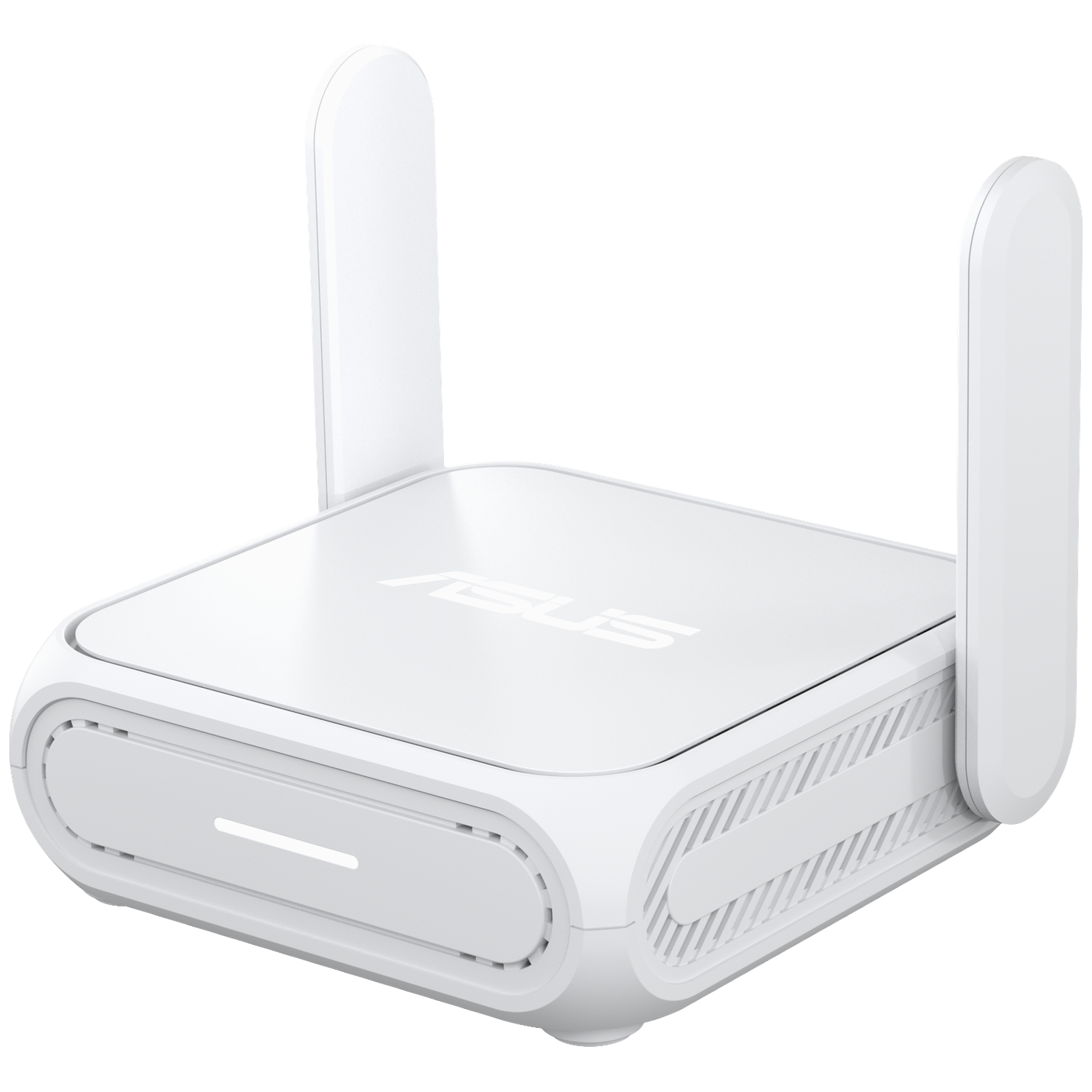 A white ASUS WiFi router with two antennas. It has a rectangular body with the ASUS logo and a ventilation design.