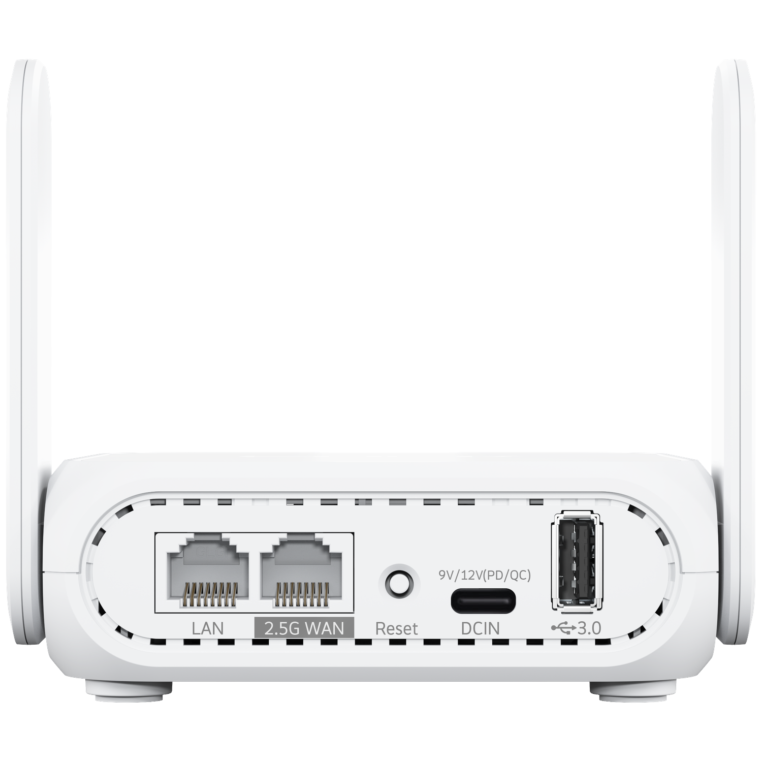 White router with two antennas, ports labeled LAN, 2.5G WAN, DCIN, USB 3.0, and a reset button.