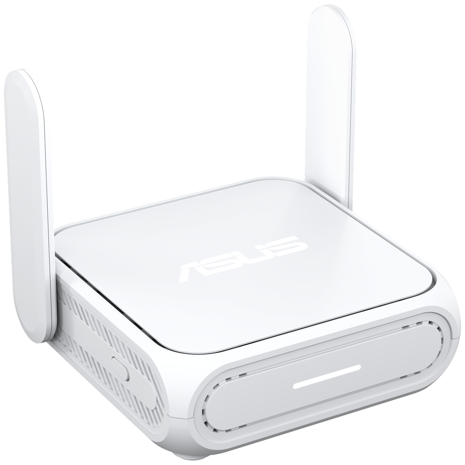 A white ASUS router with two antennas. It has a square design with the ASUS logo on top. There is a light on the front.