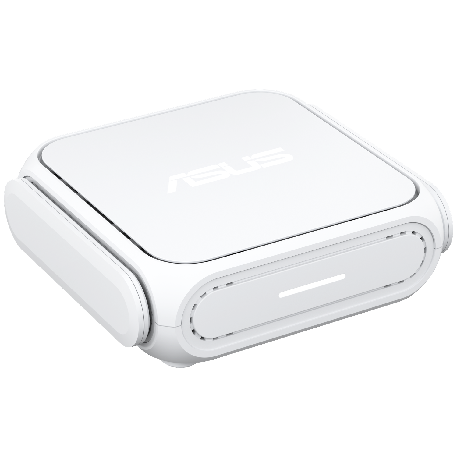 A white ASUS device with rounded edges. The top has the ASUS logo. A light strip is on the front, and the device is on a white background.