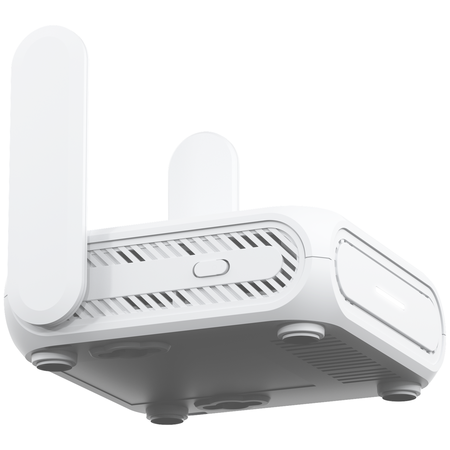 A white router with two antennas is shown from a low angle. The router has a streamlined design with vents and rounded edges.