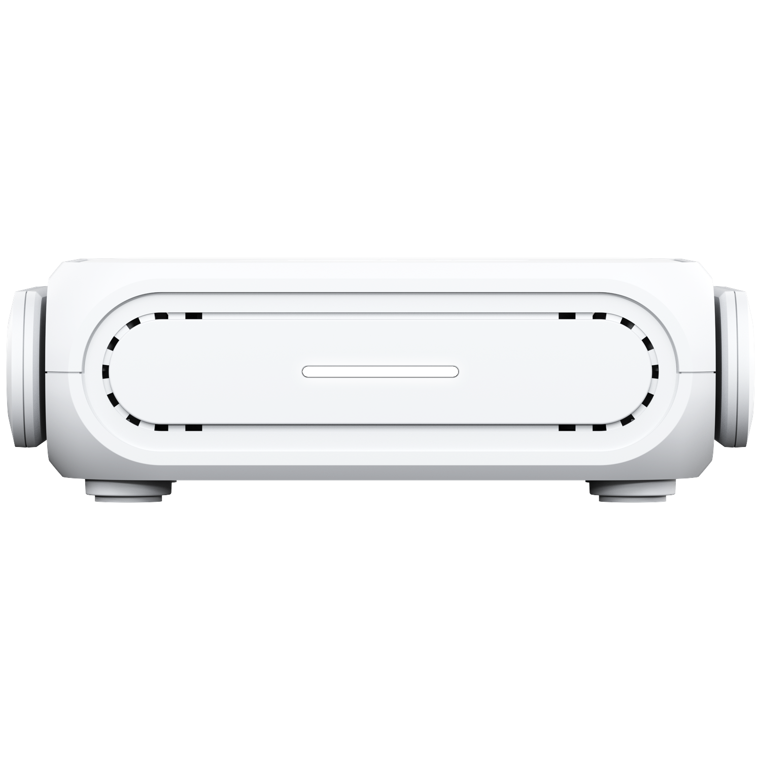 A white rectangular device with rounded corners. It has a central recessed area and several ventilation slots, resting on small feet.