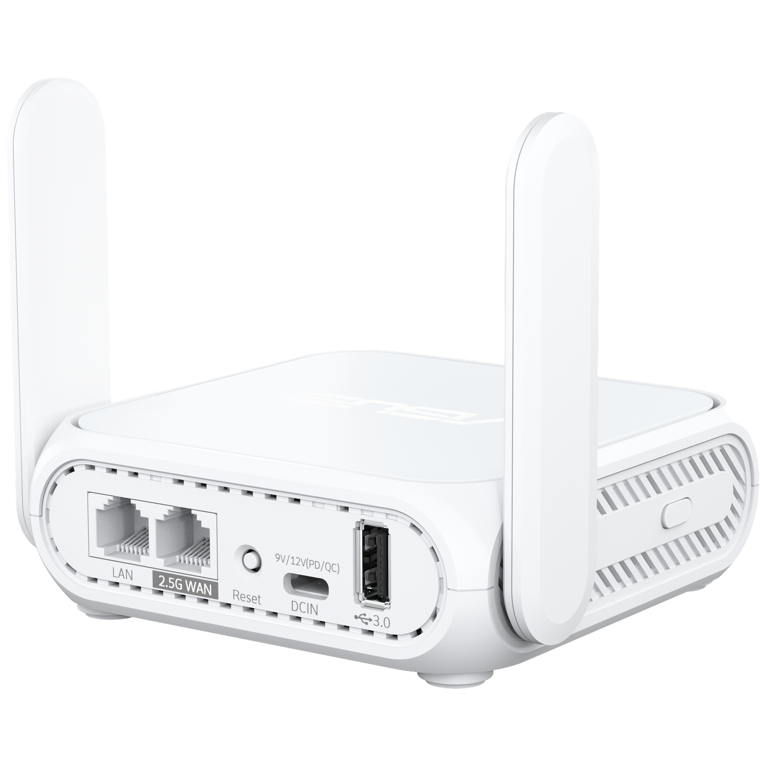 A white router with two antennas. It has ports labeled LAN, 2.5G WAN, Reset, DCIN, and a USB 3.0 port.