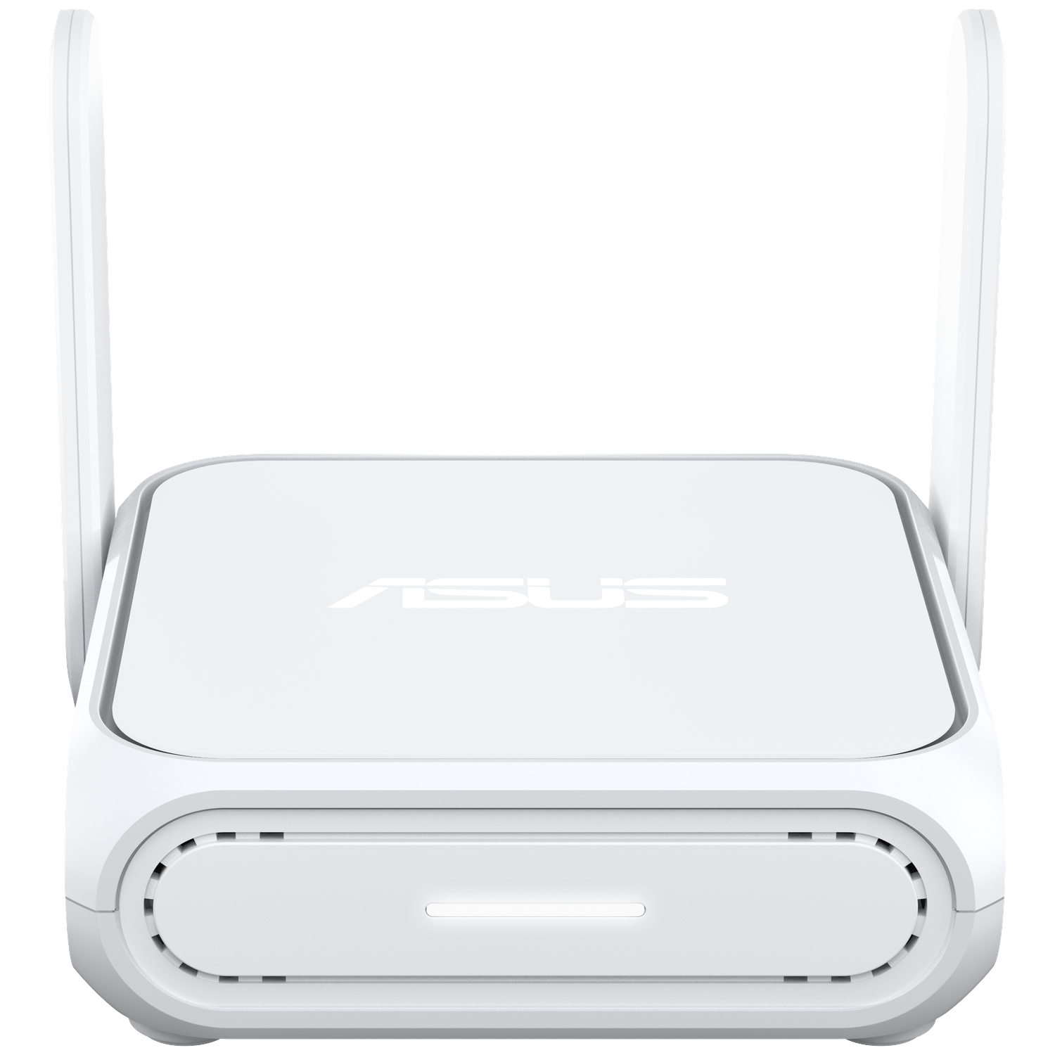 A white ASUS router with two antennas. The router has a rectangular shape with the ASUS logo on top and a front panel.