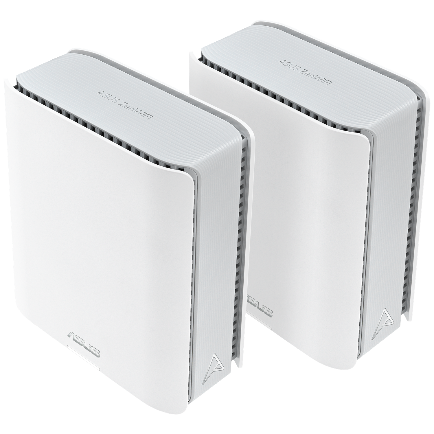 Two white ASUS ZenWiFi devices are shown, placed side by side. Each device has a grey top and sides, with ASUS branding.
