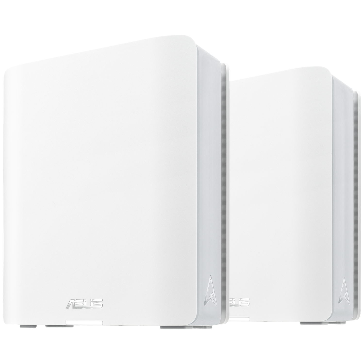 Two white Asus mesh wifi devices are placed side by side. Each has rounded edges, the Asus logo, and a silver design.