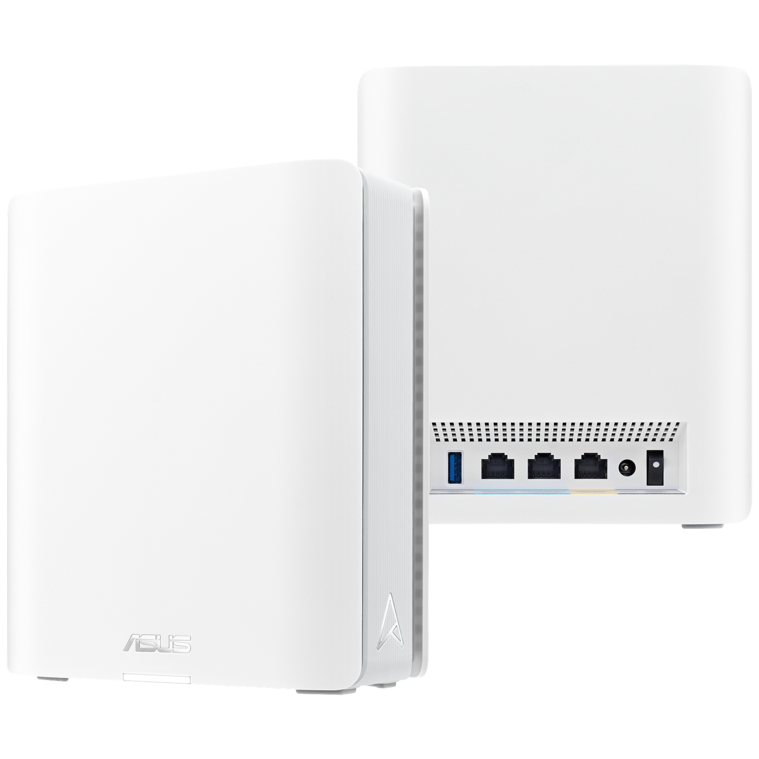 Two white ASUS mesh wifi devices. One shows the front with the logo, the other shows the back with ports and power input.