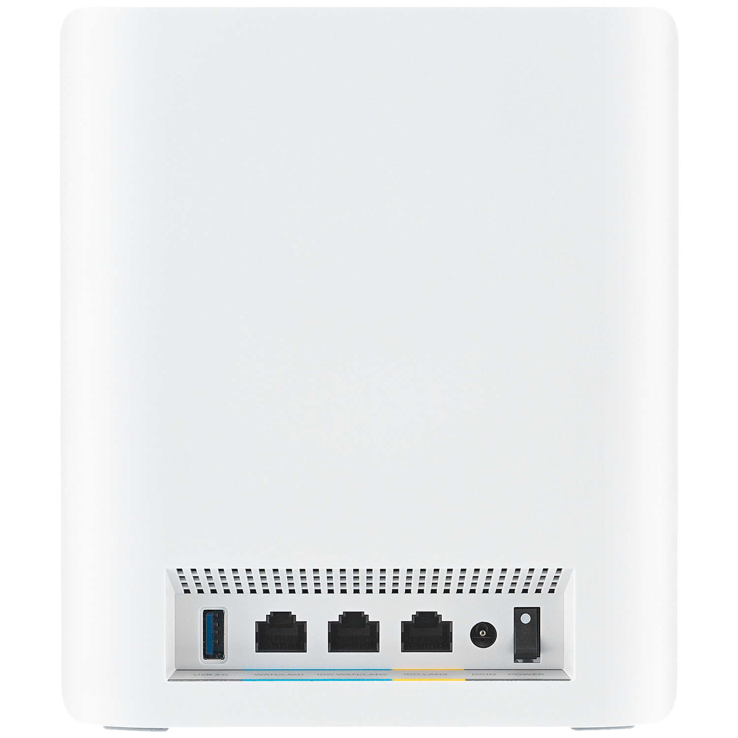 White router back. USB port, LAN ports, power button, and DCIN port visible. Ventilation slots above the ports.