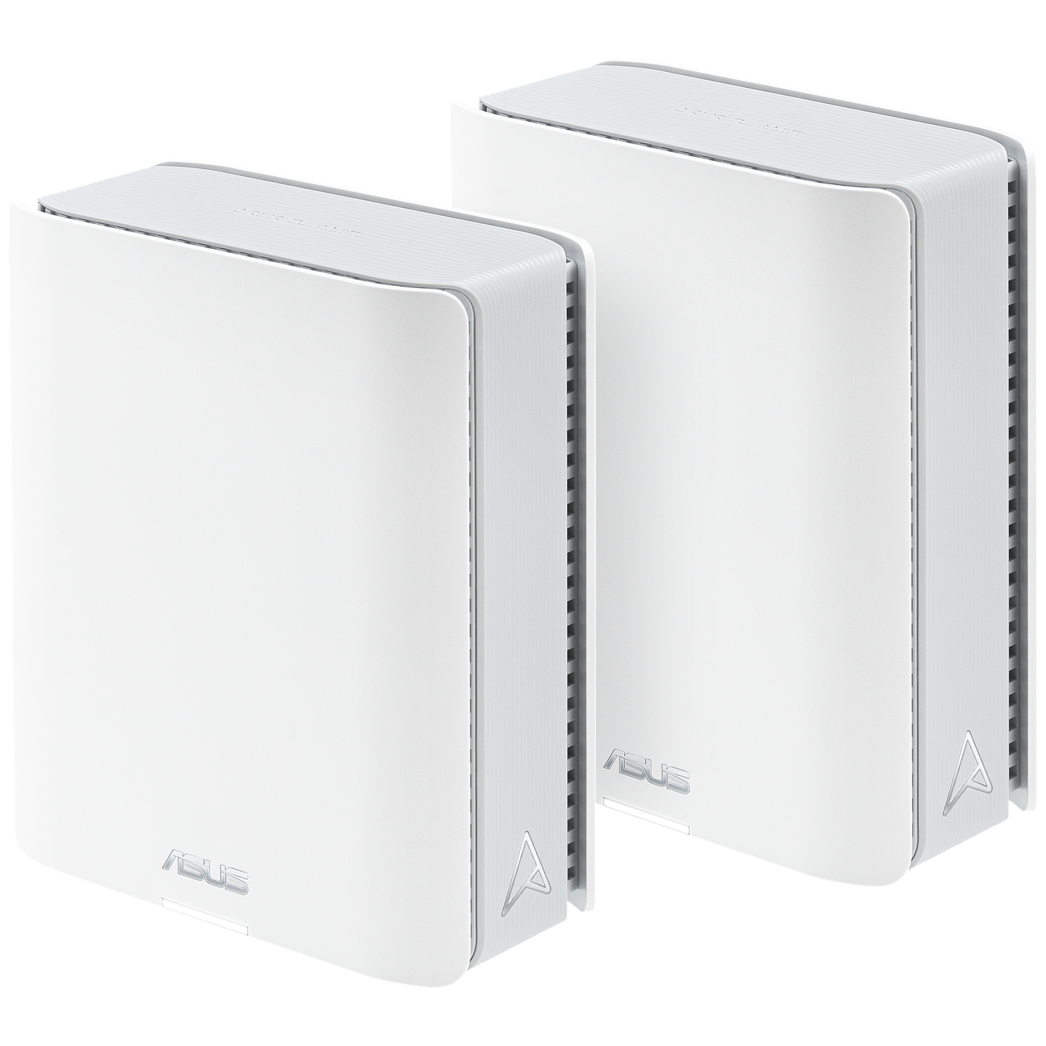 Two white ASUS routers. They have a rectangular shape with rounded corners and a silver logo.