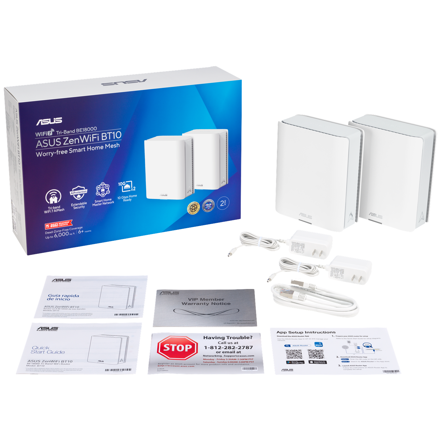 A white ASUS ZenWiFi BT10 router set. Includes box, two routers, power adapters, cables, and setup guides.
