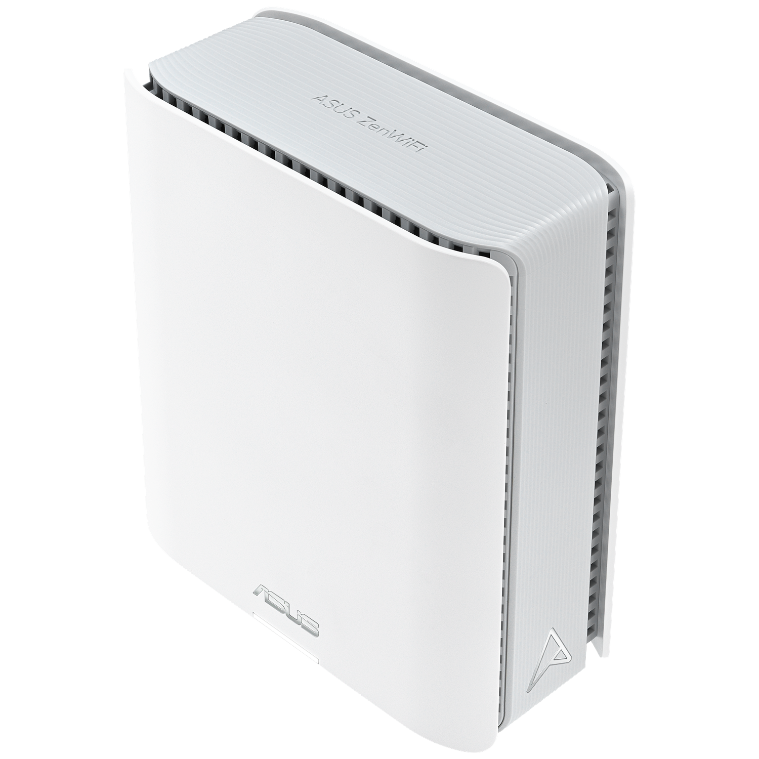 Un routeur ASUS ZenWiFi blanc se dresse sur une surface blanche. Il a une forme rectangulaire avec un dessus et des côtés gris.