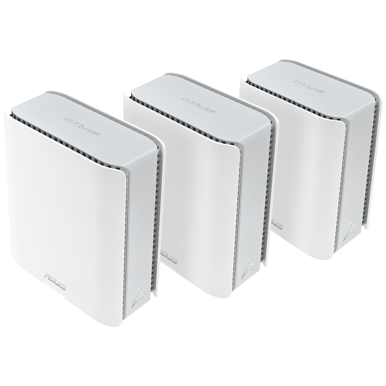 Trois routeurs ASUS ZenWiFi blancs. Chacun a un dessus et un côté gris, avec le logo ASUS. Ils sont sur fond blanc.