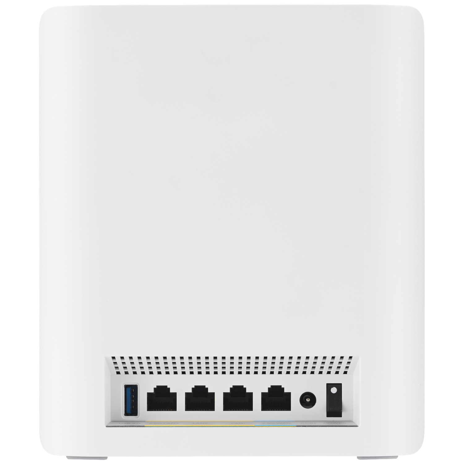Routeur blanc avec plusieurs ports, dont USB et Ethernet. Boutons d'alimentation et de réinitialisation visibles. Design minimaliste.