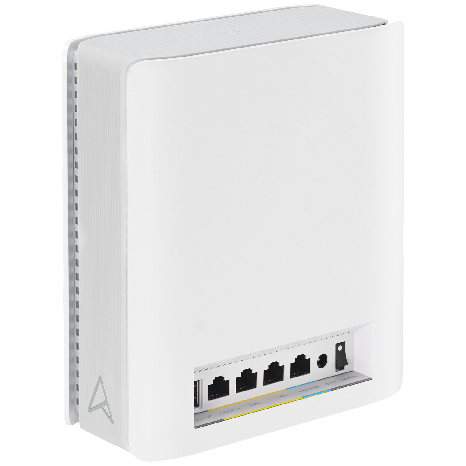 Un routeur blanc avec plusieurs ports et indicateurs est affiché. Il possède un bouton d'alimentation et divers ports de connexion.