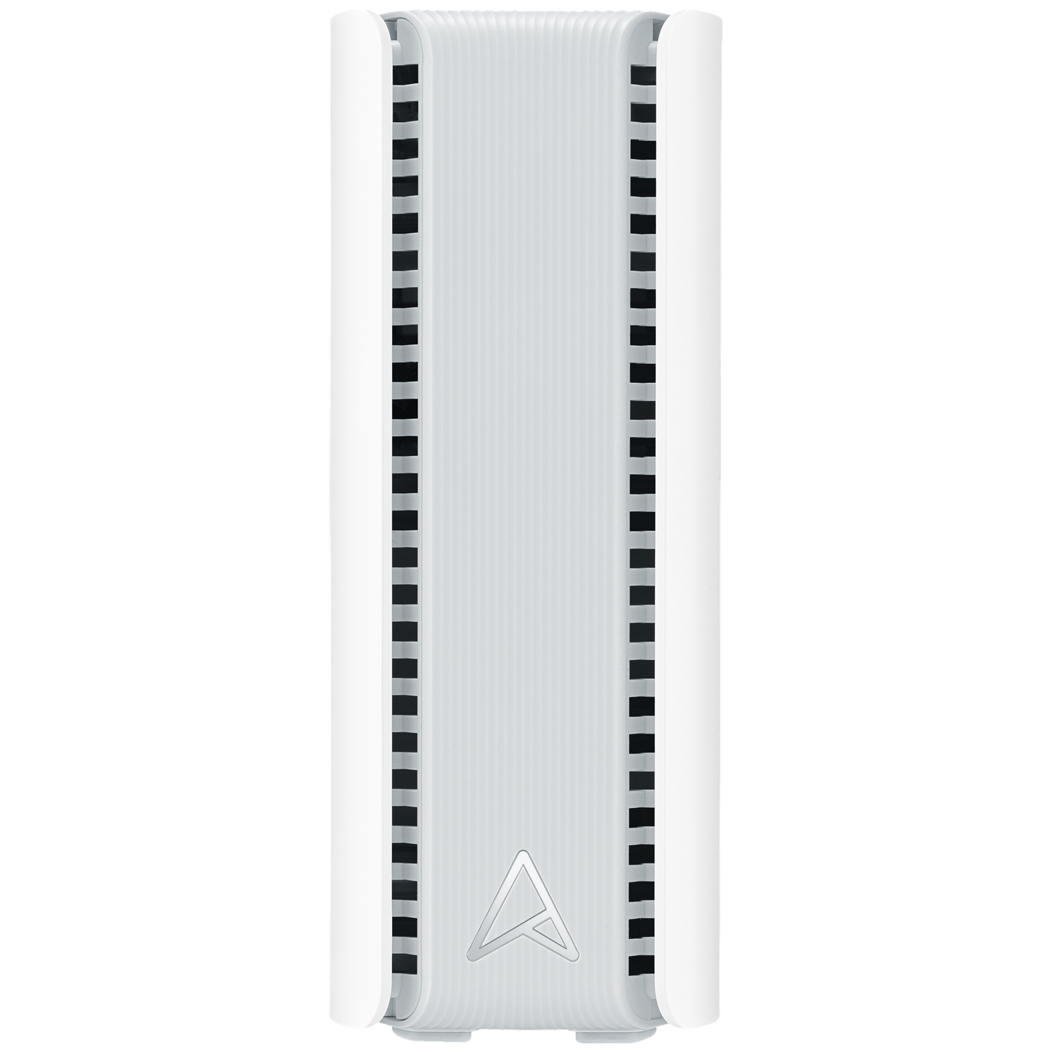 Un appareil rectangulaire blanc. Il a un centre nervuré et des évents noirs sur les côtés. Un logo argenté en bas.