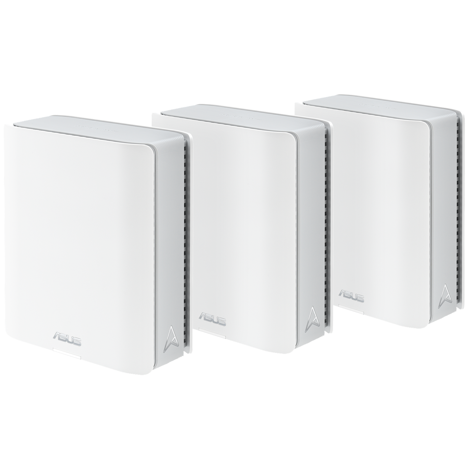 Trois routeurs ASUS blancs sont affichés. Chacun a un accent argenté et le logo ASUS. Ils sont sur un fond blanc.