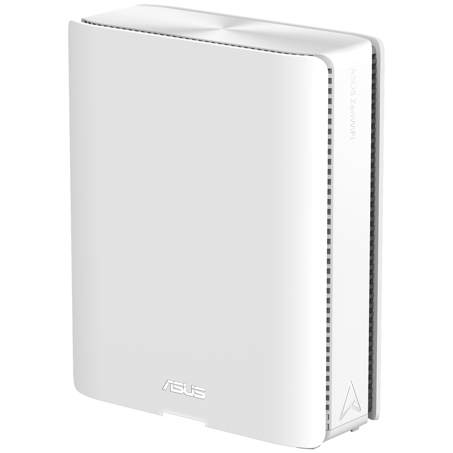 White ASUS ZenWiFi router. Rectangular shape, with ASUS logo, and the words ASUS ZenWiFi on side. Silver top and a small logo on the front.