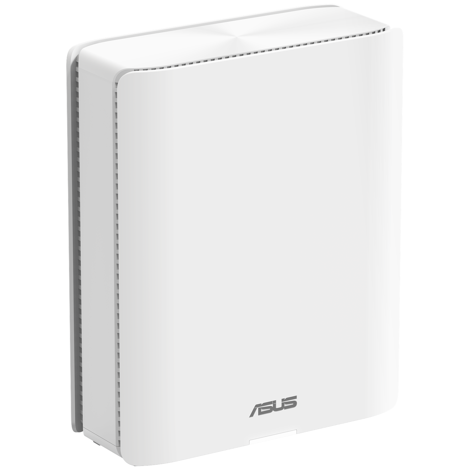 A white ASUS router. It is rectangular with rounded corners and vents along the sides. The ASUS logo is at the bottom.