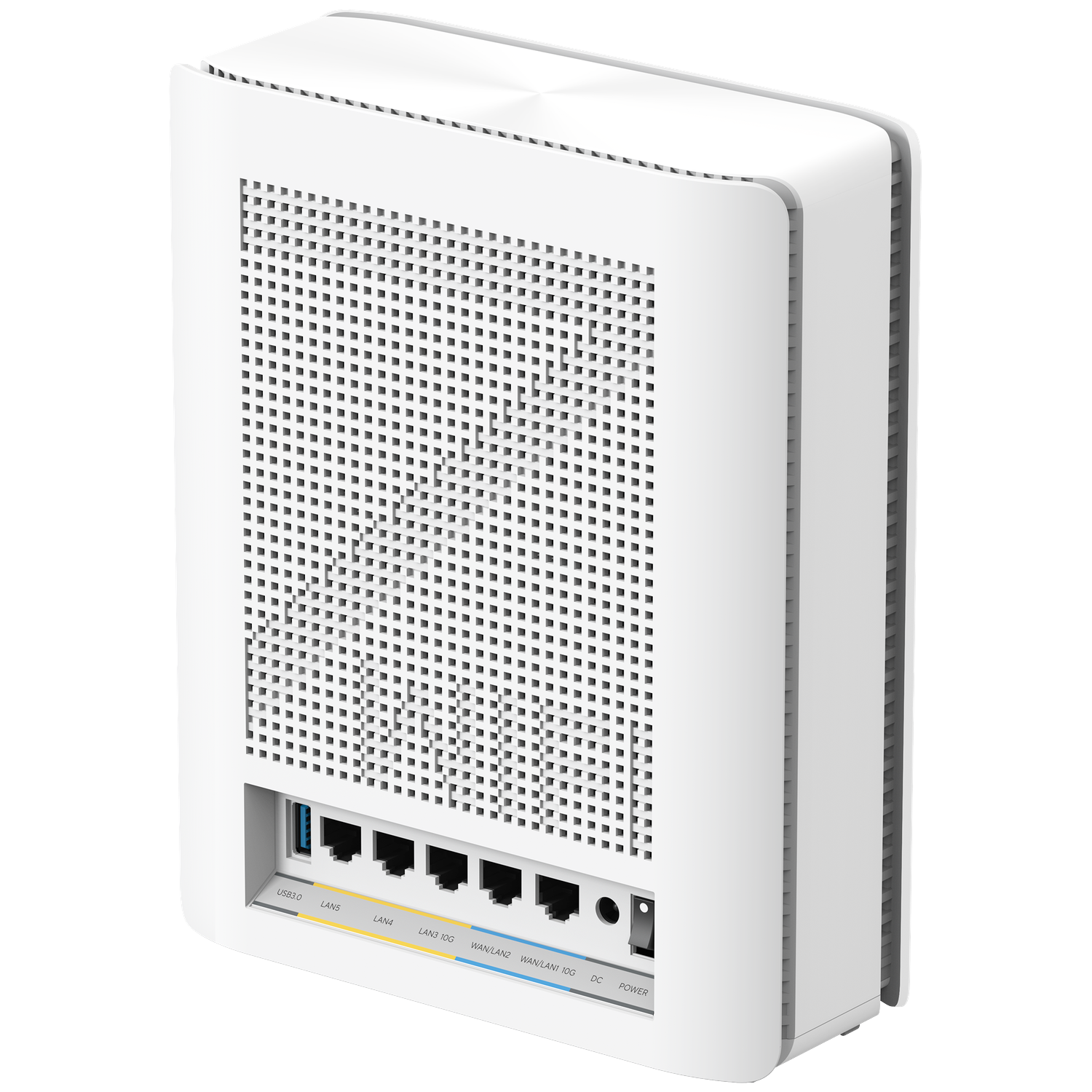 A white router with multiple ports and a perforated front panel. Ports include USB, LAN, WAN, and power.