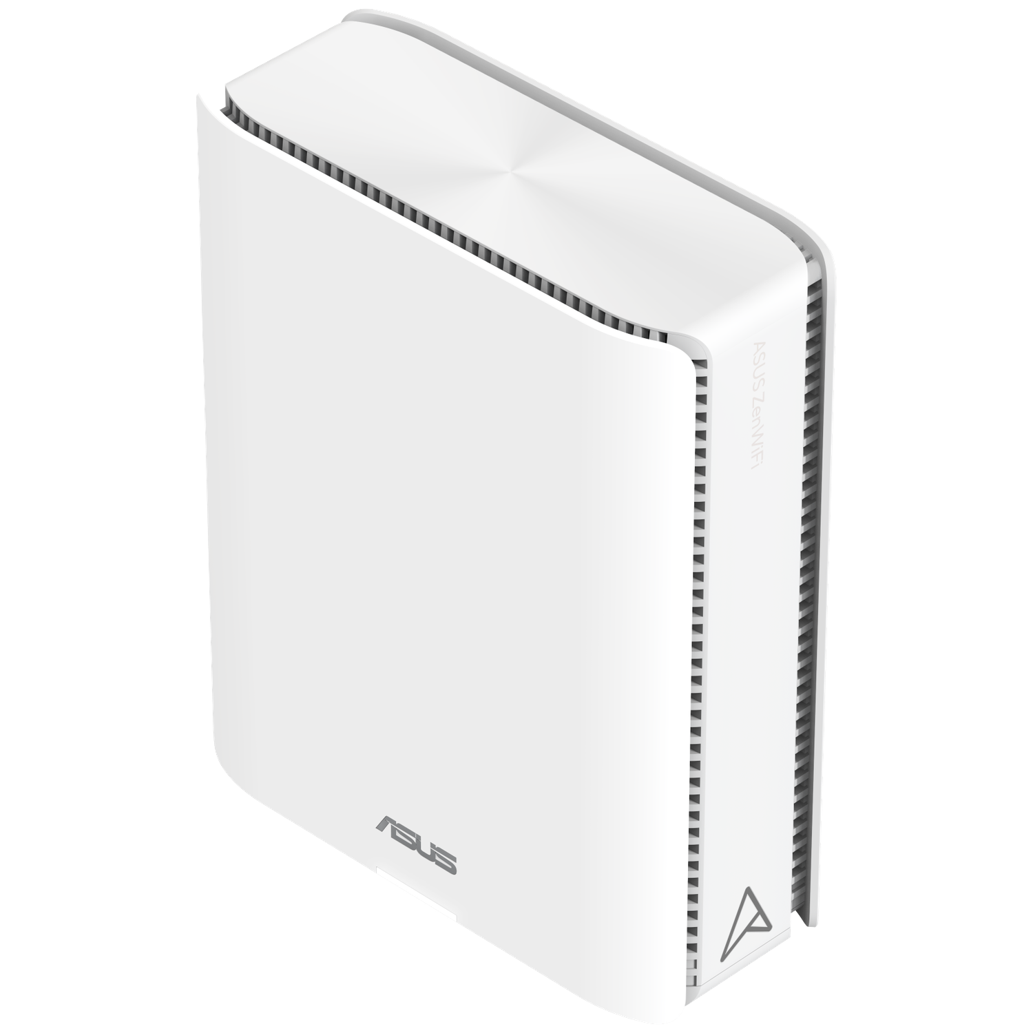 A white ASUS ZenWiFi router. It has a rectangular shape with rounded edges. The ASUS logo is visible. The side has ventilation holes.