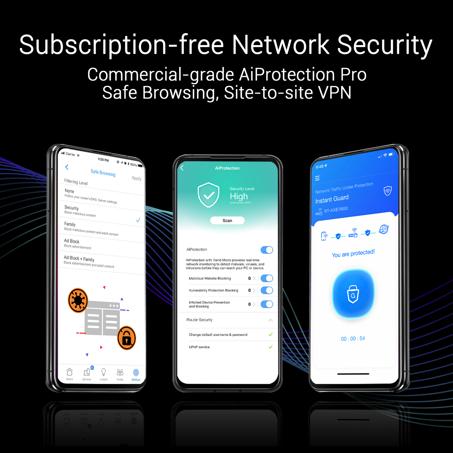 Three smartphones displaying network security features. Texts read 'Subscription-free Network Security'.