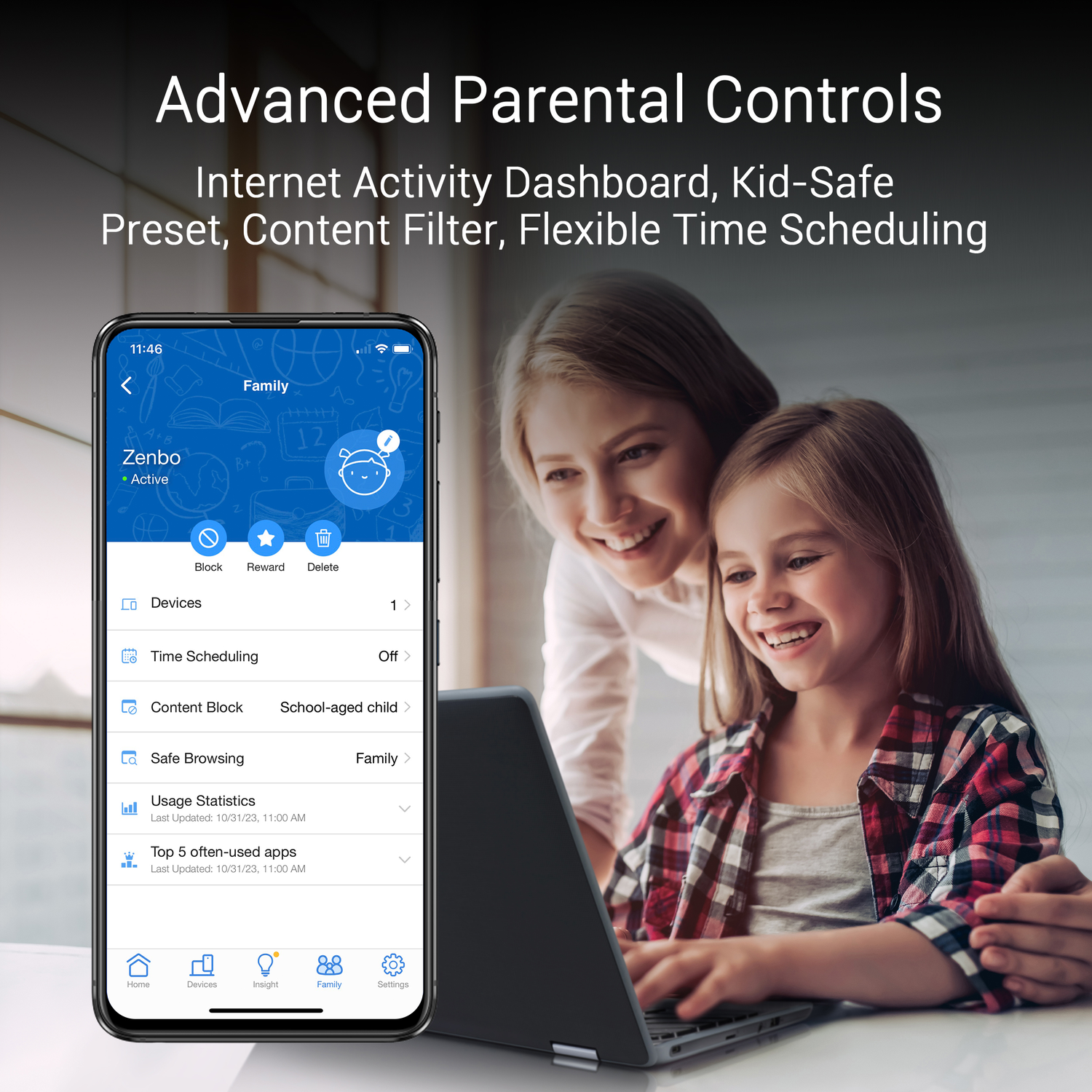A woman and a girl look at a laptop. A phone on the left shows parental control app features. Text on top says 'Advanced Parental Controls'.