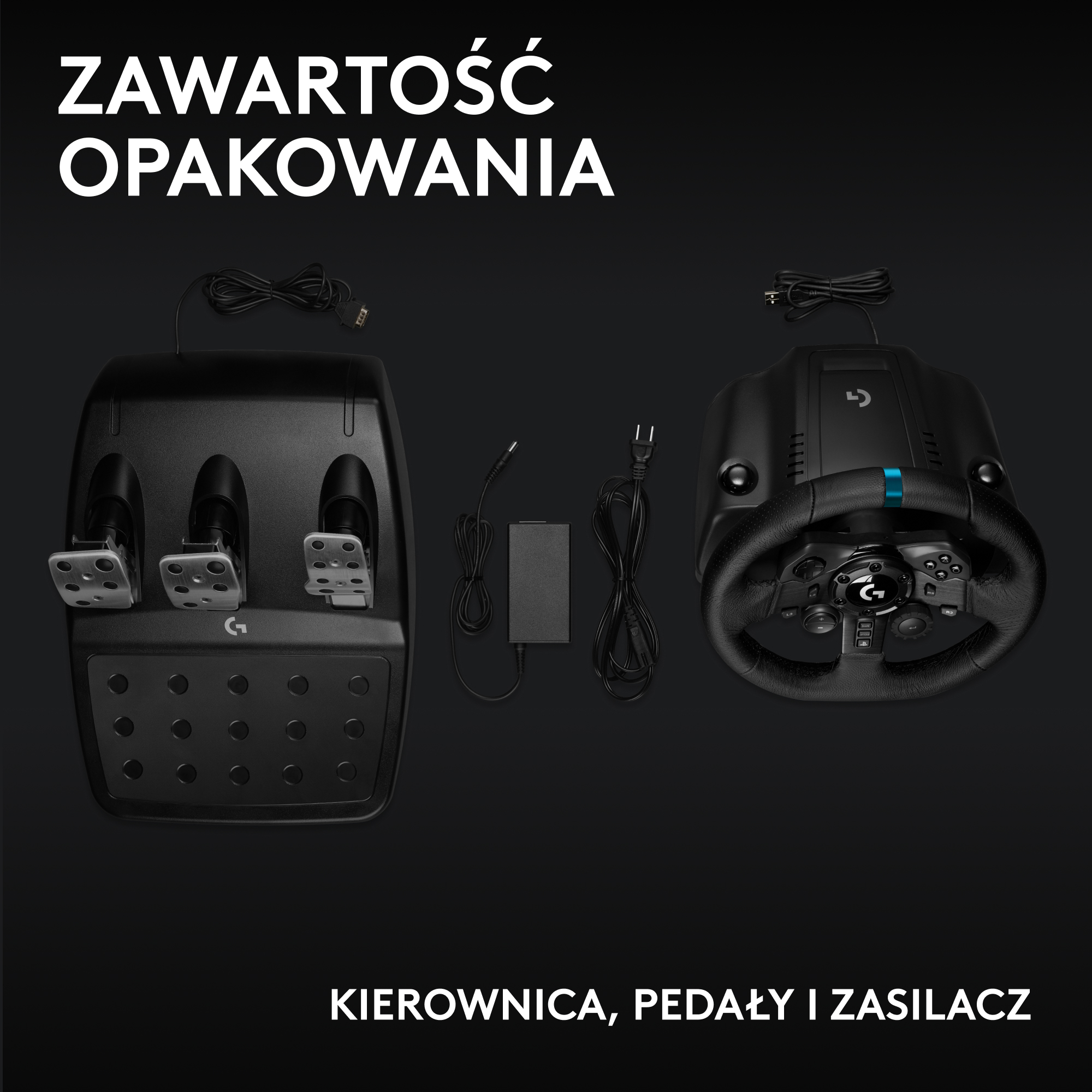 Obraz przedstawia kierownicę, pedały i zasilacz. Czarne tło z białym tekstem u góry i na dole.