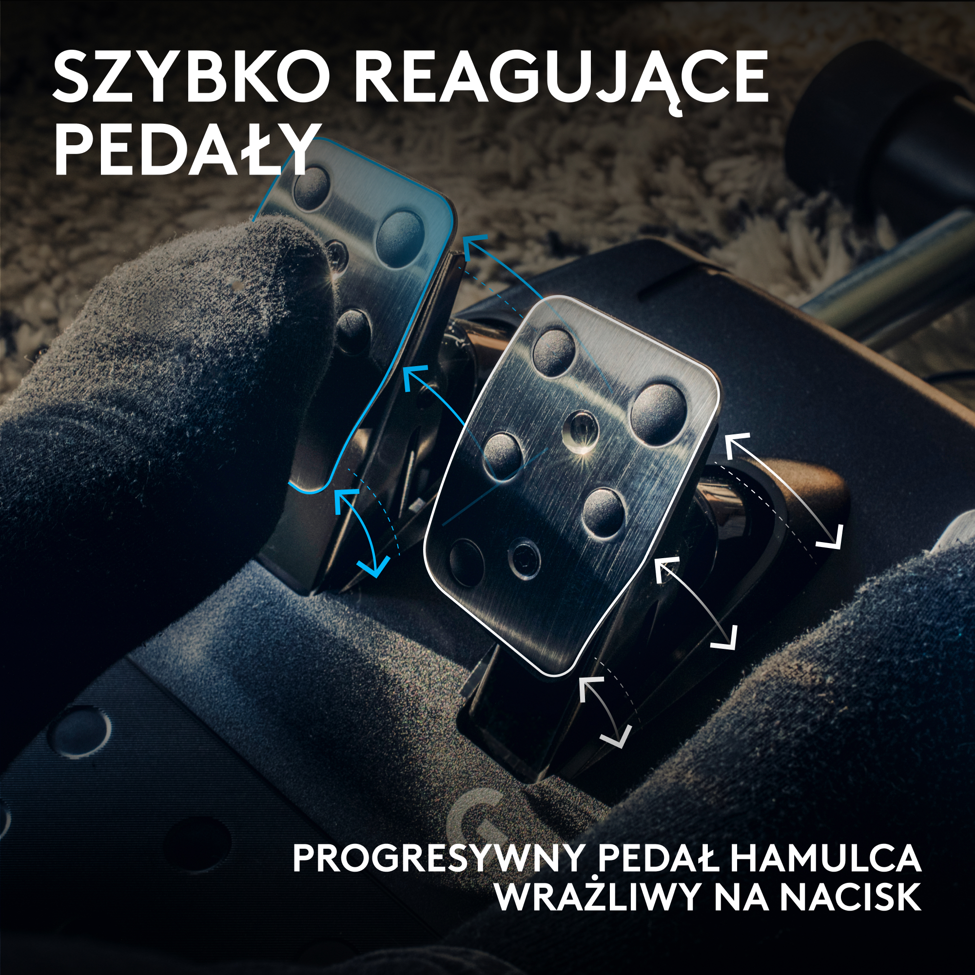 Obraz przedstawia pedały wyścigowe. Tekst mówi: 'Szybko reagujące pedały' i 'Progresywny pedał hamulca wrażliwy na nacisk'.