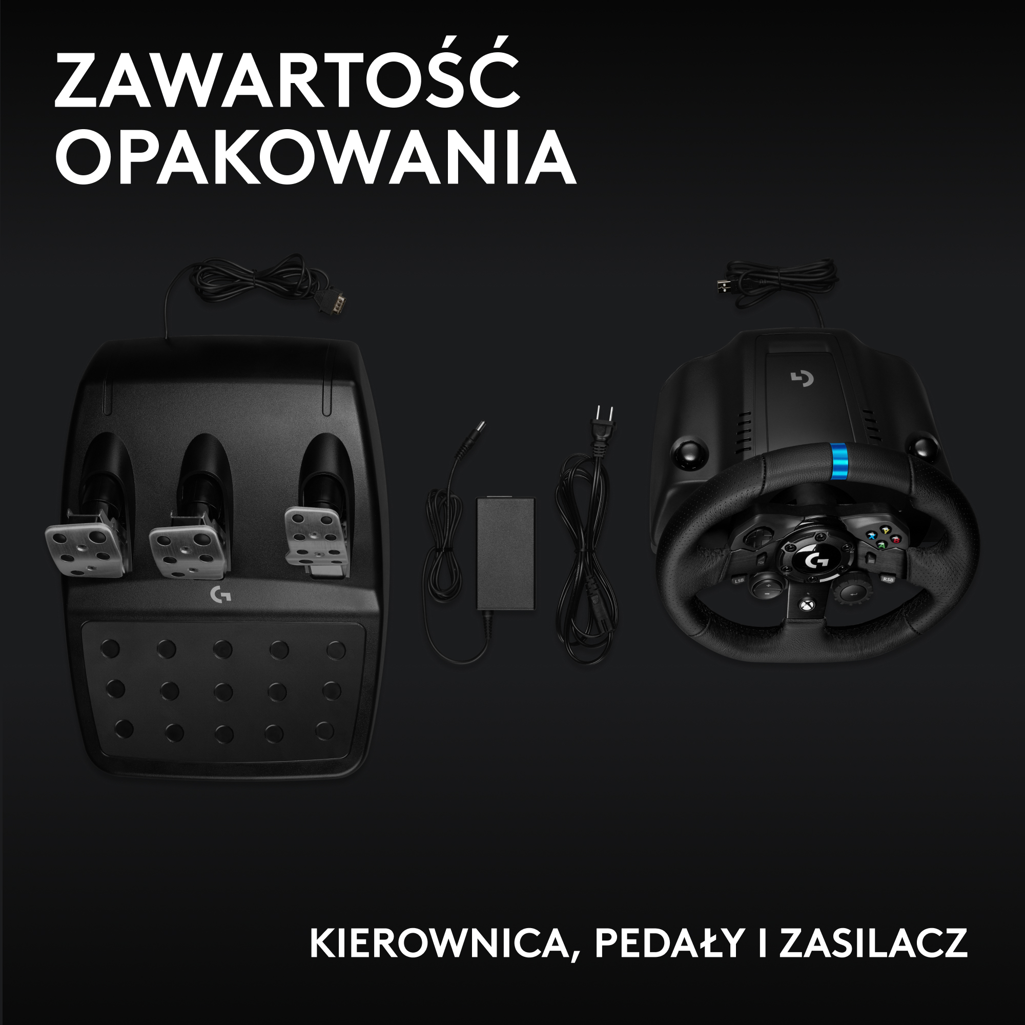 Obraz przedstawia kierownicę, pedały i zasilacz na czarnym tle. Tekst brzmi: 'Zawartość opakowania'.
