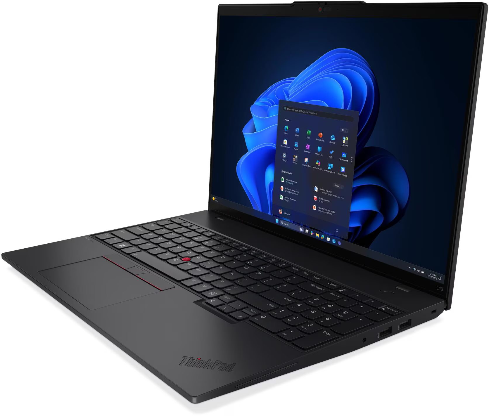 Fekete ThinkPad laptop nyitva, Windows 11-et mutat. Billentyűzet és képernyő látható. Piros trackpoint. Sötét háttér.