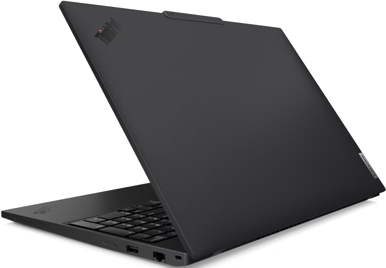 Fekete ThinkPad laptop, részben nyitva. Billentyűzet látható. Lenovo logó az oldalon, ThinkPad logó a fedélen.